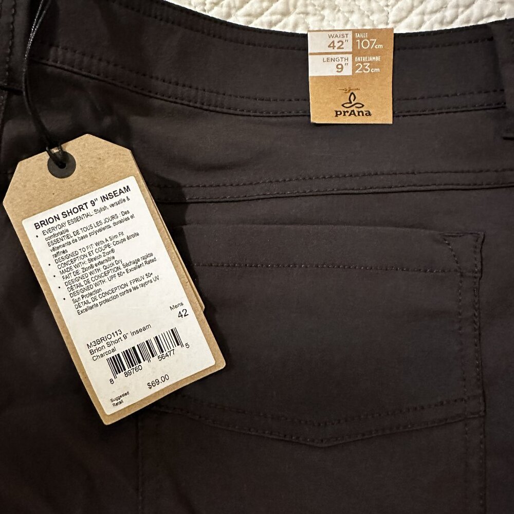 prAna - Men's Brion Shorts - Charcoal 42 x 9 - New w/Tags